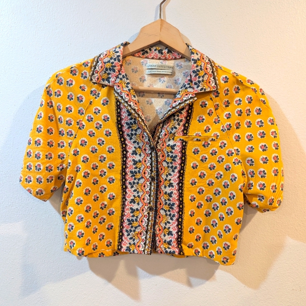 UO Noah Gold Button-Down Crop Top